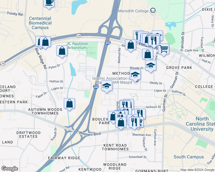 map of restaurants, bars, coffee shops, grocery stores, and more near 729 Method Townes Court in Raleigh