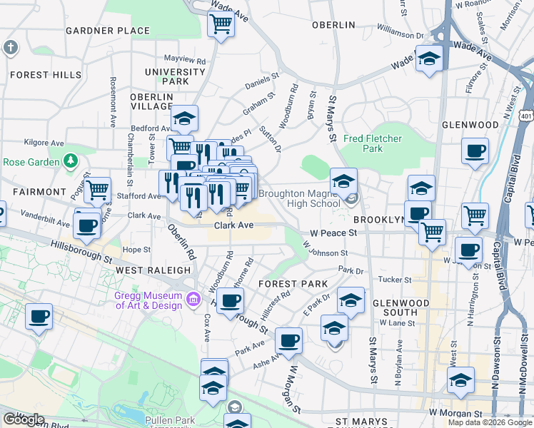 map of restaurants, bars, coffee shops, grocery stores, and more near 1906 Clark Avenue in Raleigh