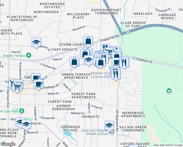 map of restaurants, bars, coffee shops, grocery stores, and more near 109 Rainbow Court in Cary