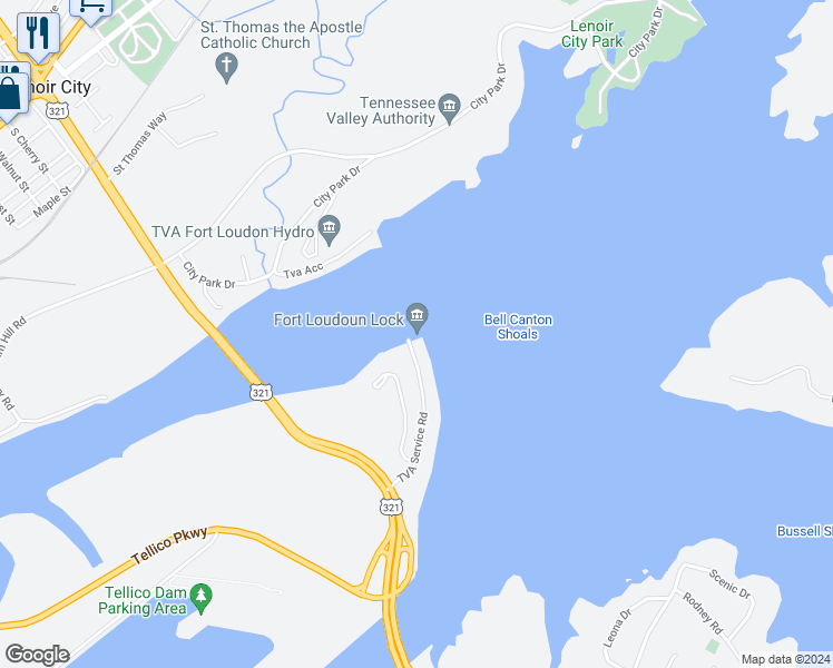 map of restaurants, bars, coffee shops, grocery stores, and more near Carmichael Greer Bridge in Lenoir City