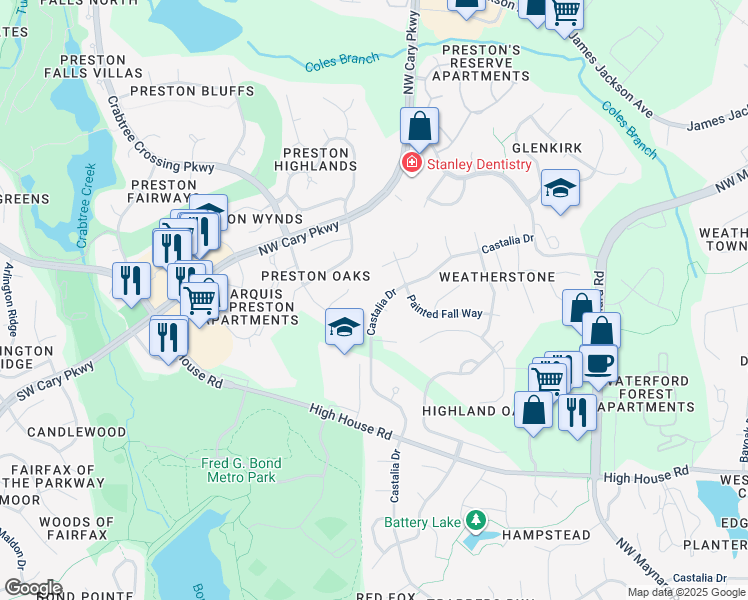 map of restaurants, bars, coffee shops, grocery stores, and more near 1707 Castalia Drive in Cary
