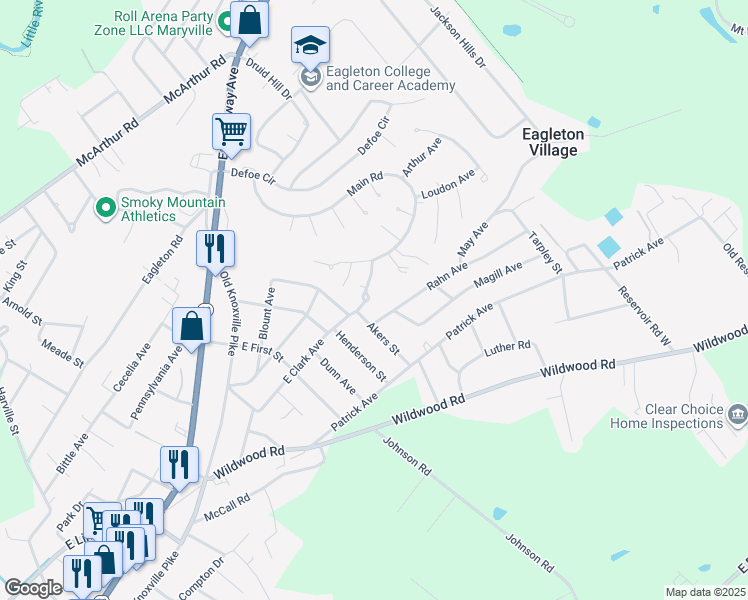 map of restaurants, bars, coffee shops, grocery stores, and more near 713 Houston Avenue in Maryville