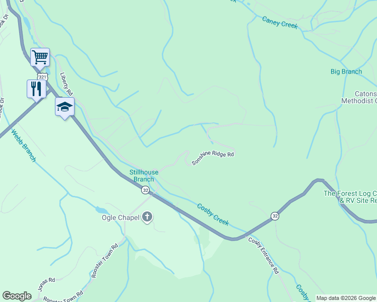 map of restaurants, bars, coffee shops, grocery stores, and more near 130 Sonshine Ridge Road in Cosby