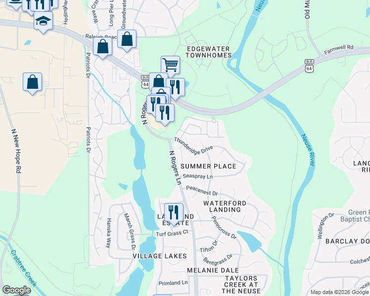 map of restaurants, bars, coffee shops, grocery stores, and more near 5325 Thunderidge Drive in Raleigh