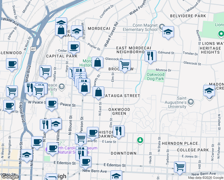map of restaurants, bars, coffee shops, grocery stores, and more near 601 East Franklin Street in Raleigh