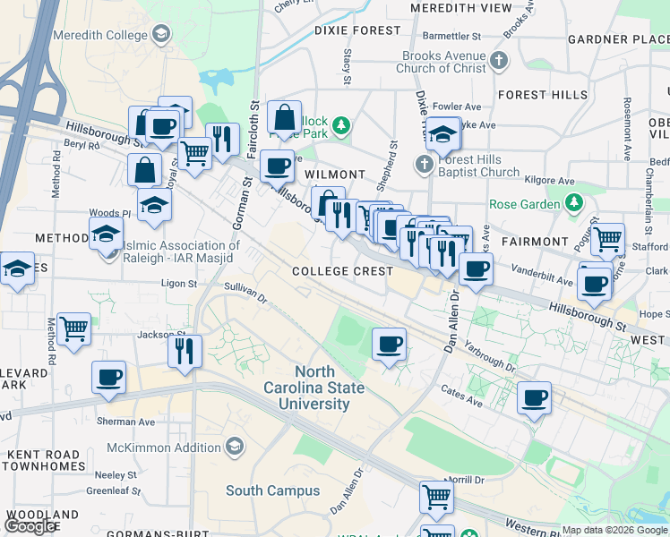 map of restaurants, bars, coffee shops, grocery stores, and more near 3149 Stanhope Avenue in Raleigh