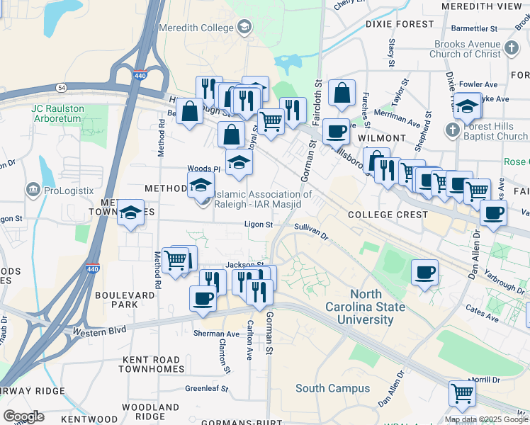 map of restaurants, bars, coffee shops, grocery stores, and more near 813 Wilcox Street in Raleigh