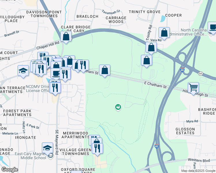 map of restaurants, bars, coffee shops, grocery stores, and more near 902 East Chatham Street in Cary