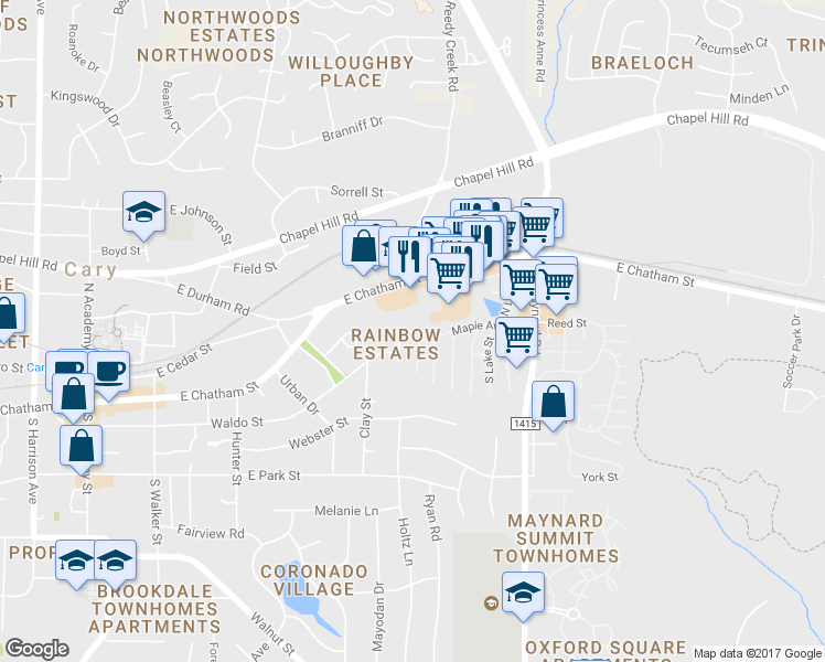 map of restaurants, bars, coffee shops, grocery stores, and more near 598 East Chatham Street in Cary