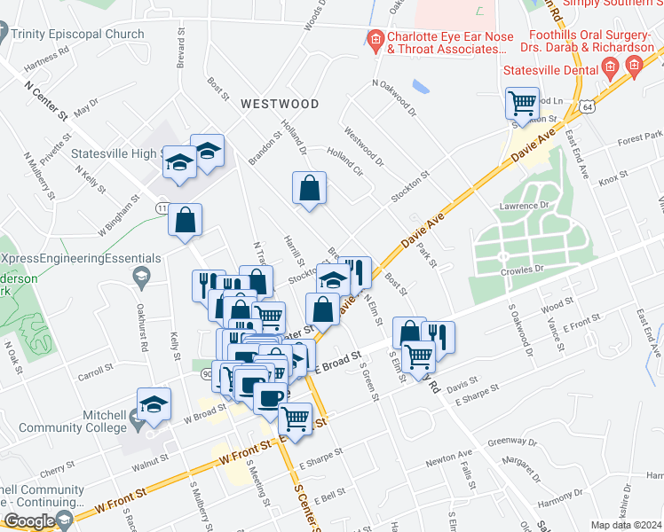 map of restaurants, bars, coffee shops, grocery stores, and more near 404 Stockton Street in Statesville
