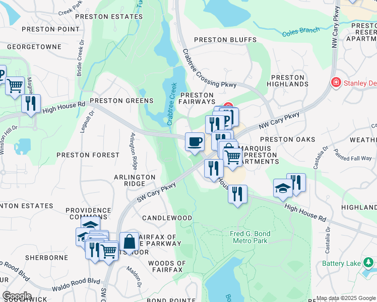 map of restaurants, bars, coffee shops, grocery stores, and more near 1005 High House Road in Cary
