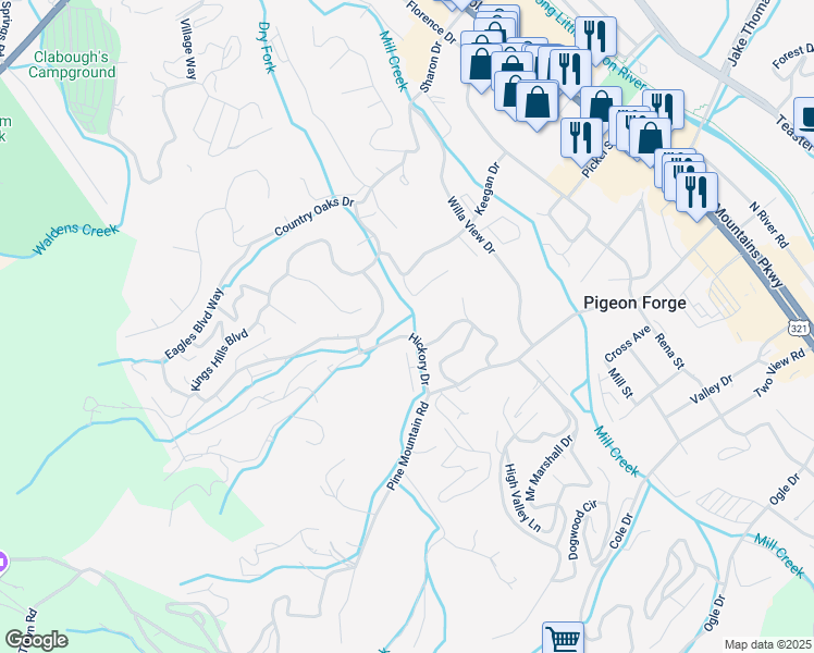 map of restaurants, bars, coffee shops, grocery stores, and more near 2 Seth Road in Pigeon Forge