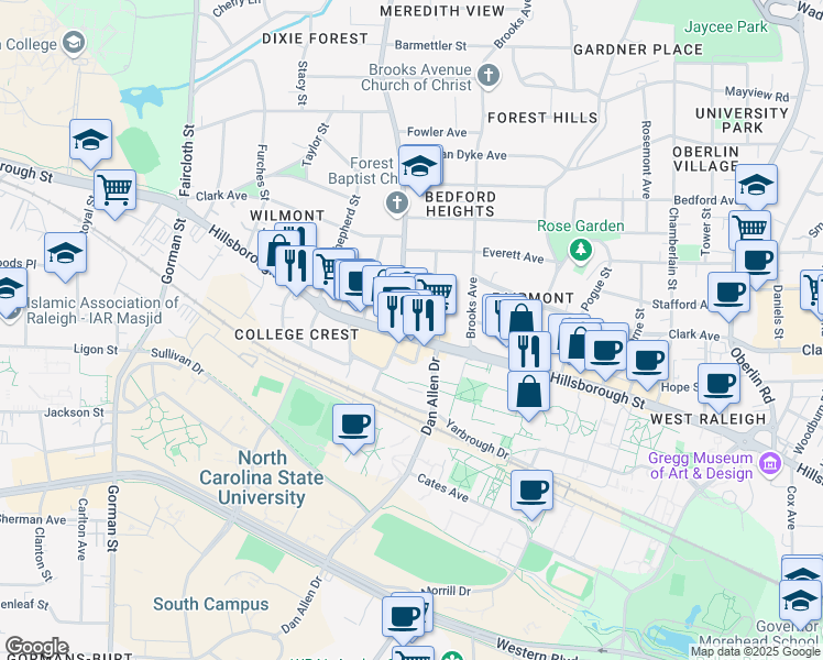 map of restaurants, bars, coffee shops, grocery stores, and more near 2908 Hillsborough Street in Raleigh