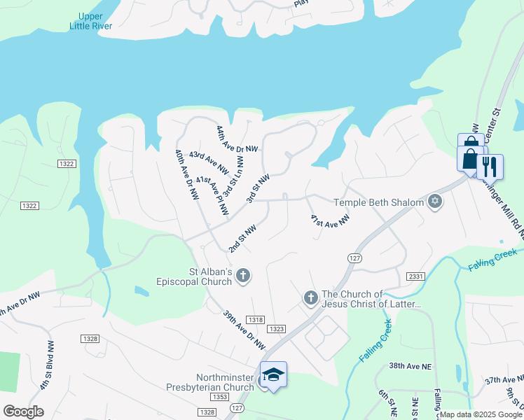 map of restaurants, bars, coffee shops, grocery stores, and more near 4167 2nd Street Northwest in Hickory