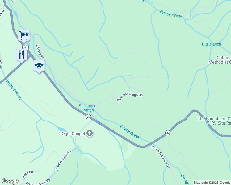 map of restaurants, bars, coffee shops, grocery stores, and more near 130 Sonshine Ridge Road in Cosby