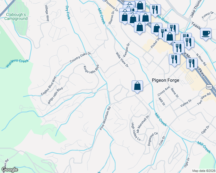map of restaurants, bars, coffee shops, grocery stores, and more near 2 Seth Road in Pigeon Forge