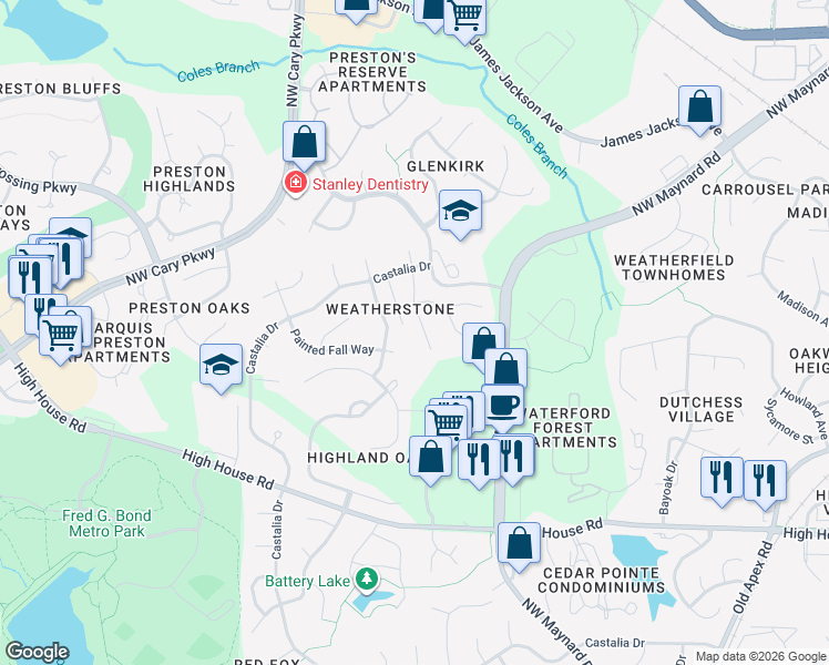 map of restaurants, bars, coffee shops, grocery stores, and more near 205 Silver Lining Lane in Cary