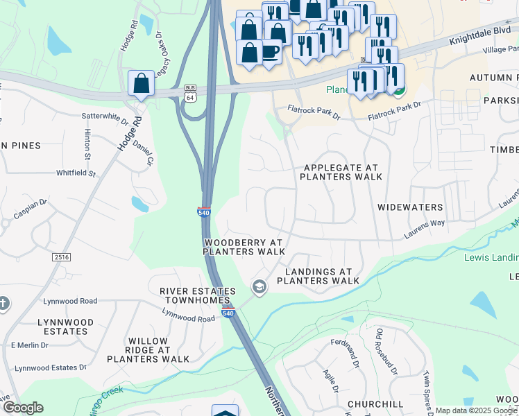 map of restaurants, bars, coffee shops, grocery stores, and more near 1115 Laurens Way in Knightdale