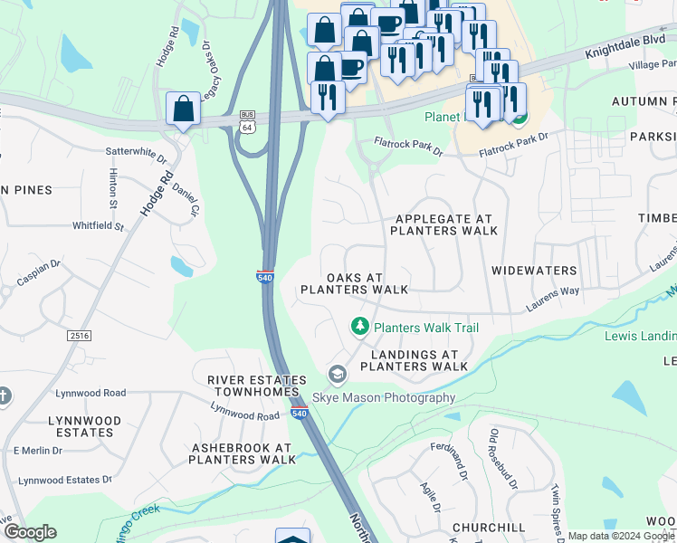 map of restaurants, bars, coffee shops, grocery stores, and more near 1115 Laurens Way in Knightdale