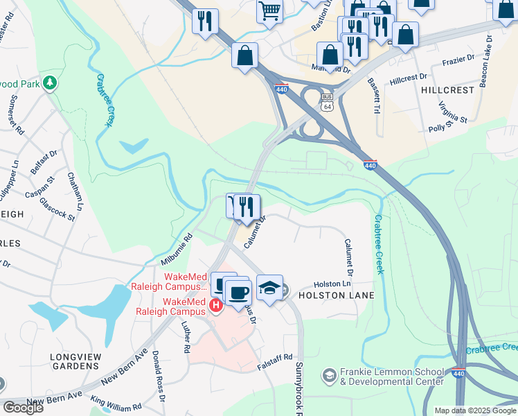 map of restaurants, bars, coffee shops, grocery stores, and more near 3109 Calumet Drive in Raleigh