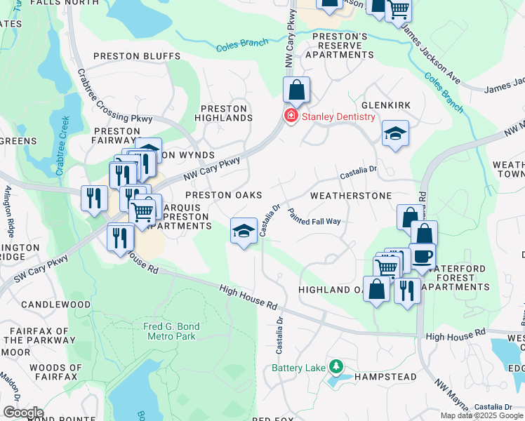map of restaurants, bars, coffee shops, grocery stores, and more near 1707 Castalia Drive in Cary