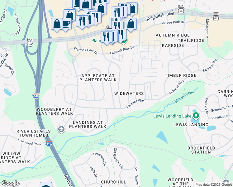 map of restaurants, bars, coffee shops, grocery stores, and more near 915 Widewaters Parkway in Knightdale
