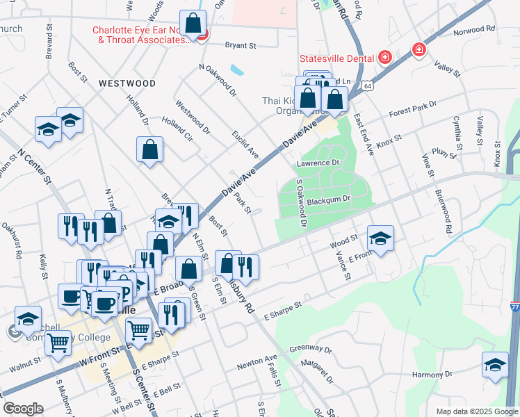 map of restaurants, bars, coffee shops, grocery stores, and more near 152 Park Terrace in Statesville