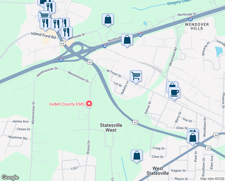 map of restaurants, bars, coffee shops, grocery stores, and more near 210 H Street in Statesville