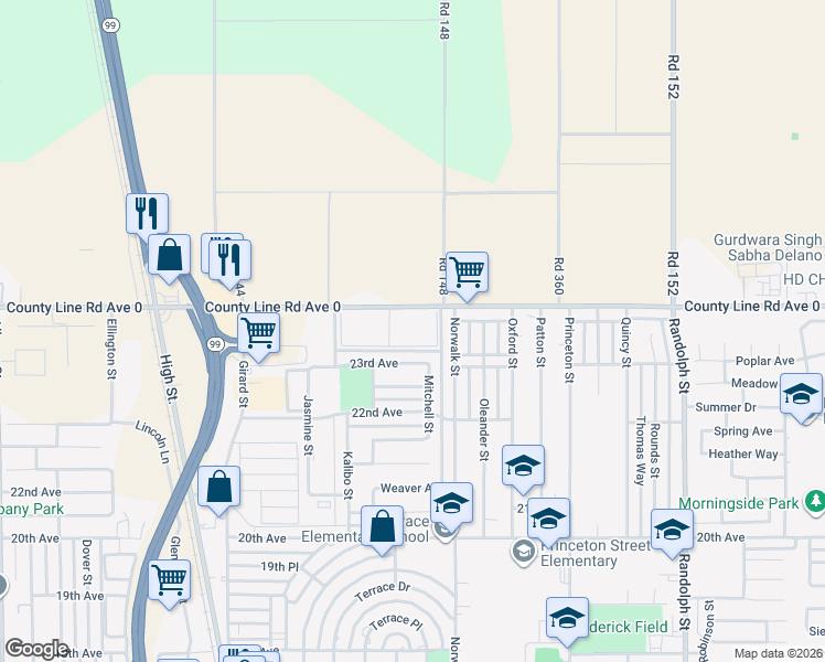 map of restaurants, bars, coffee shops, grocery stores, and more near 1200 County Line Road in Delano