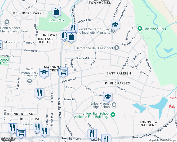 map of restaurants, bars, coffee shops, grocery stores, and more near 732 Brighton Road in Raleigh