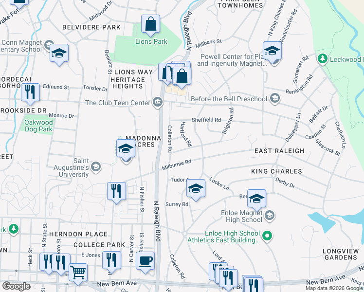 map of restaurants, bars, coffee shops, grocery stores, and more near 710 Colleton Road in Raleigh