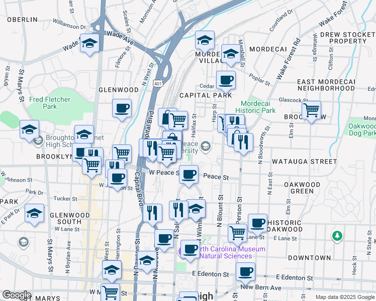 map of restaurants, bars, coffee shops, grocery stores, and more near 801 Halifax Street in Raleigh