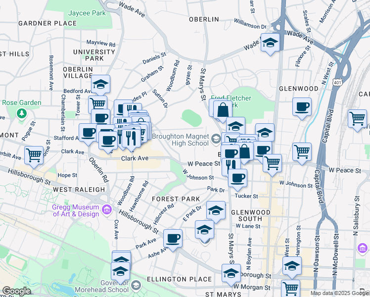 map of restaurants, bars, coffee shops, grocery stores, and more near 1020 West Peace Street in Raleigh