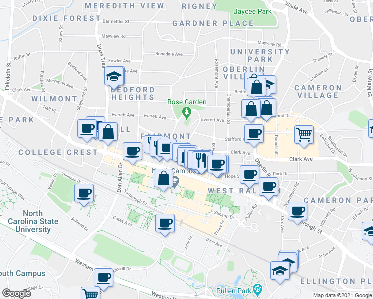map of restaurants, bars, coffee shops, grocery stores, and more near 2601 Clark Avenue in Raleigh