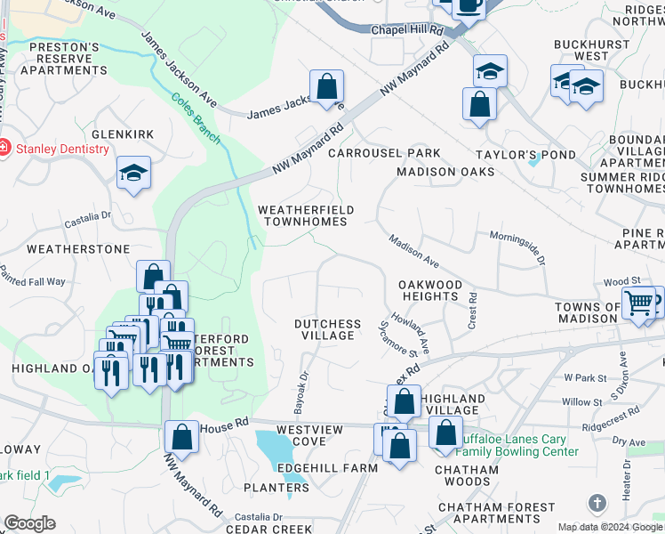 map of restaurants, bars, coffee shops, grocery stores, and more near 103 Bayoak Drive in Cary