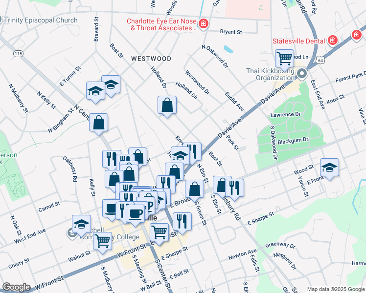 map of restaurants, bars, coffee shops, grocery stores, and more near 404 Stockton Street in Statesville