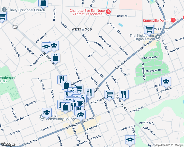map of restaurants, bars, coffee shops, grocery stores, and more near 318 Harrill Street in Statesville
