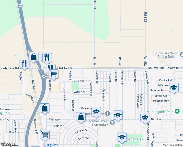 map of restaurants, bars, coffee shops, grocery stores, and more near 1200 County Line Road in Delano