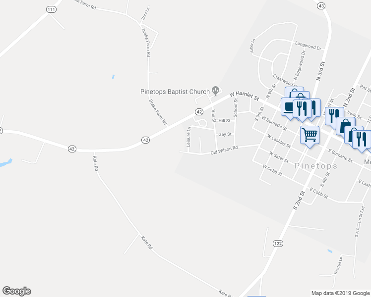 map of restaurants, bars, coffee shops, grocery stores, and more near 146 Leisure Lane in Pinetops