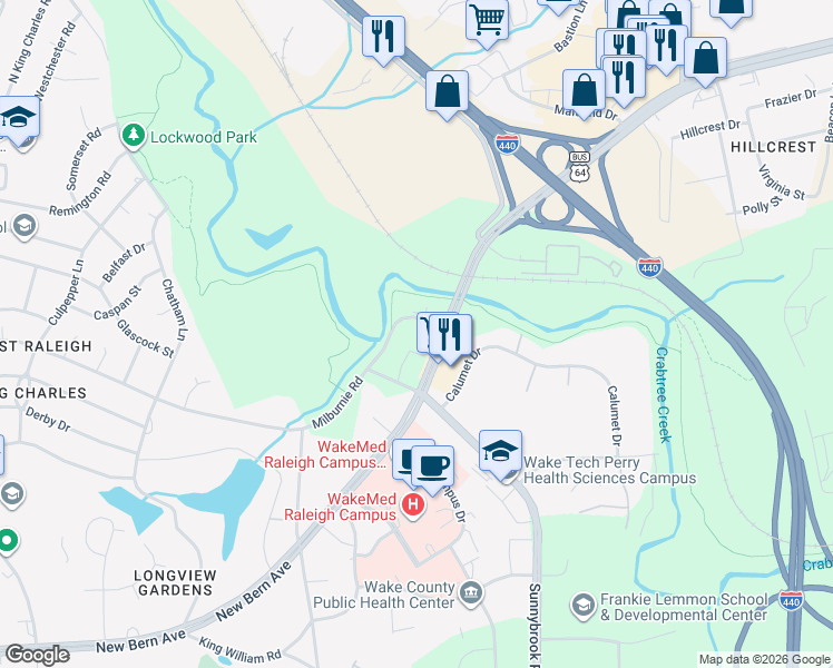 map of restaurants, bars, coffee shops, grocery stores, and more near 3151 New Bern Avenue in Raleigh