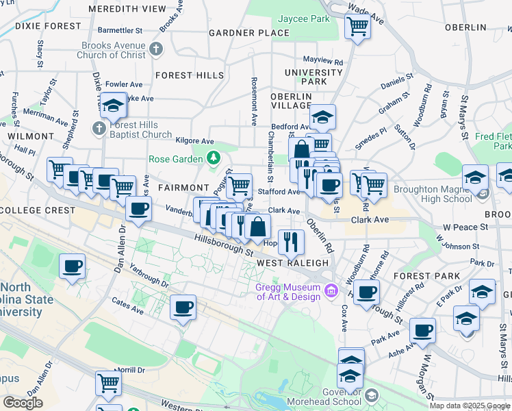map of restaurants, bars, coffee shops, grocery stores, and more near 2410 Clark Avenue in Raleigh
