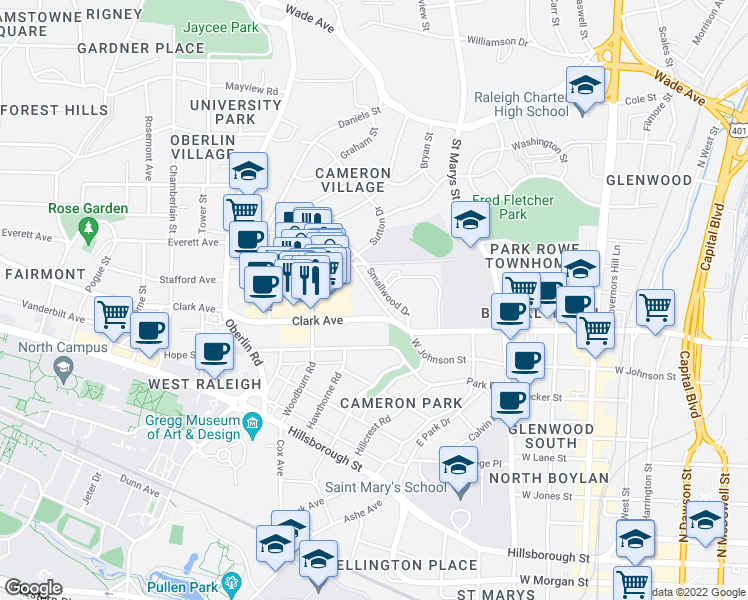 map of restaurants, bars, coffee shops, grocery stores, and more near 1843 Bellwood Drive in Raleigh