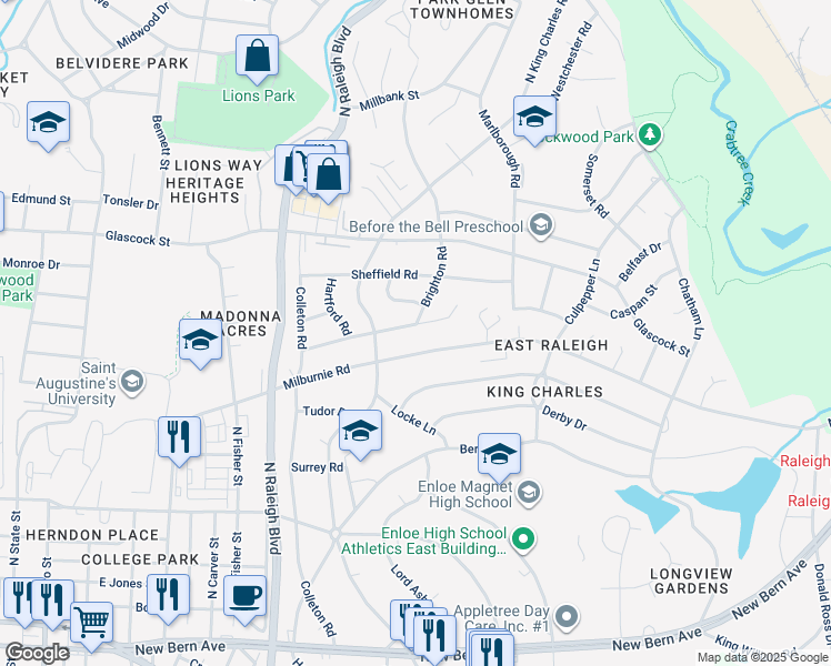 map of restaurants, bars, coffee shops, grocery stores, and more near 724 Brighton Road in Raleigh