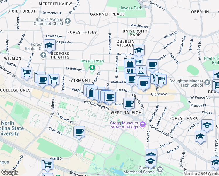 map of restaurants, bars, coffee shops, grocery stores, and more near 300 Horne Street in Raleigh