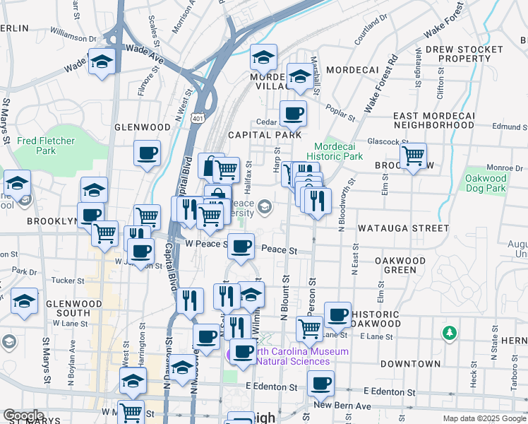 map of restaurants, bars, coffee shops, grocery stores, and more near 15 East Peace Street in Raleigh