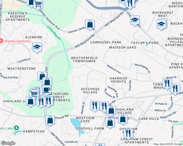 map of restaurants, bars, coffee shops, grocery stores, and more near 103 Bayoak Drive in Cary