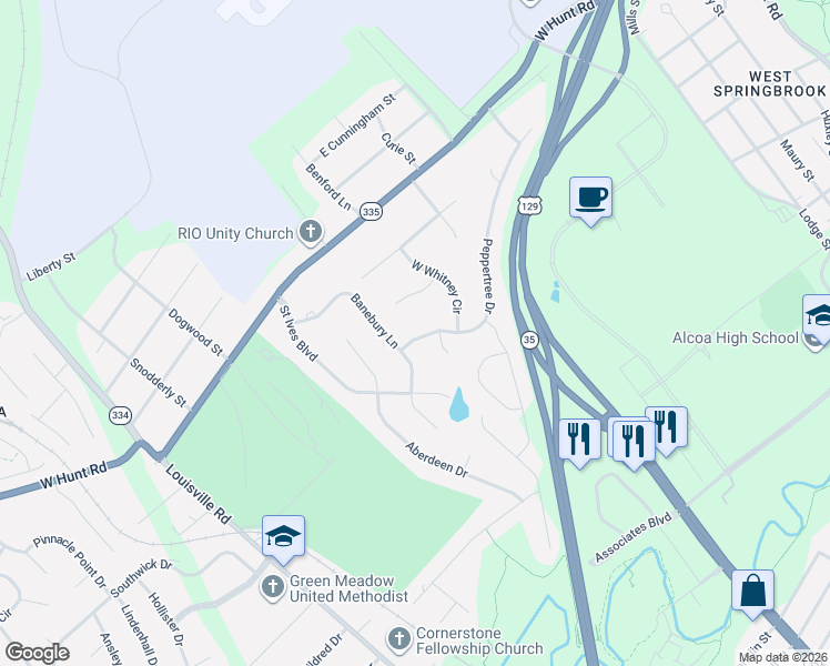 map of restaurants, bars, coffee shops, grocery stores, and more near 584 Peppertree Dr in Alcoa