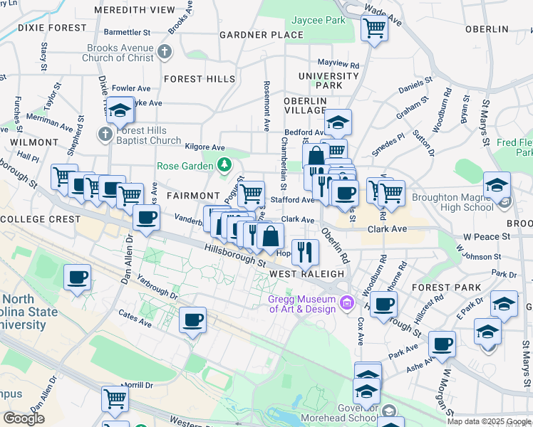 map of restaurants, bars, coffee shops, grocery stores, and more near 308 Horne Street in Raleigh