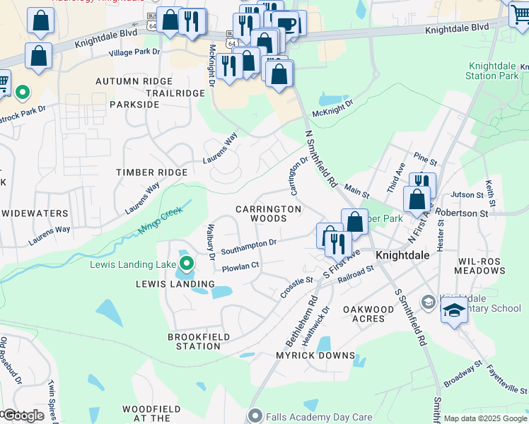map of restaurants, bars, coffee shops, grocery stores, and more near 104 Leighton Place in Knightdale