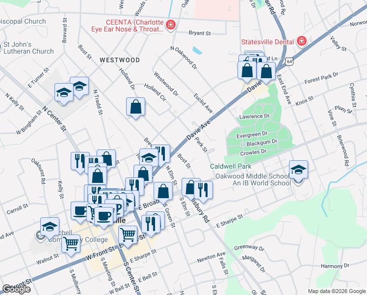 map of restaurants, bars, coffee shops, grocery stores, and more near 526 Davie Avenue in Statesville